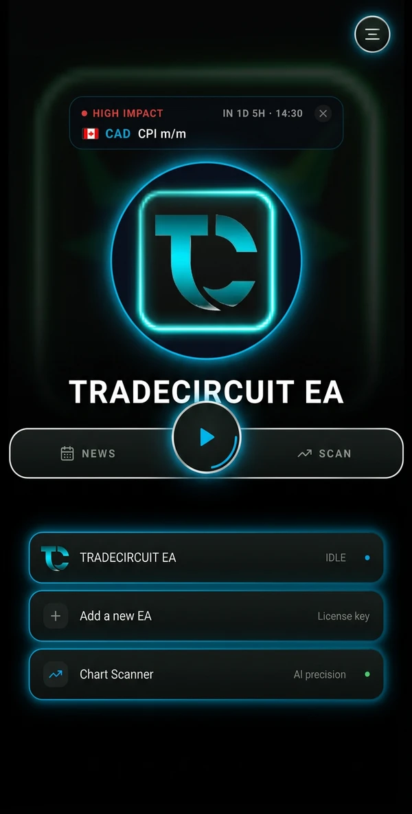 TradeCircuit EA app home screen with news alert, EA list and Chart Scanner